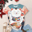 the LUCKY CAT - Lucky Cat Cartoon Print Fashion Casual Short Sleeve Oversized T-Shirts for Women