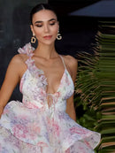 the BALLERINA - Flower Print Fluffy, Women's Lace Up Slimming Strap Party Gown Pleated Skirt Hemline Halter Beach Suspender Dresses