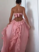 the PINK PRINCESS - Flounce Flower Pink Ladies Dinner Maxi Dress, Elegant Strapless Backless Pleat Sleeveless Sexy Spring New Chic Splicing Gown