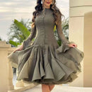 the COURTSY - Solid Spliced Button Slimming Dresses for Women, O-Neck Long Sleeve High Waist Patchwork Ruffles Dress
