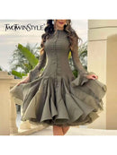 the COURTSY - Solid Spliced Button Slimming Dresses for Women, O-Neck Long Sleeve High Waist Patchwork Ruffles Dress