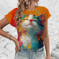 Fashionable And Comfortable Street Quirky Fun Cat Print Plus Size T-shirt For Daily Lightweight Women's O-neck Short Sleeved Top