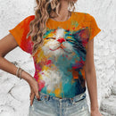 the RAINBOW ART CAT - Comfortable Cat Print Lightweight Women's O-Neck Short Sleeved T-Shirt for Women