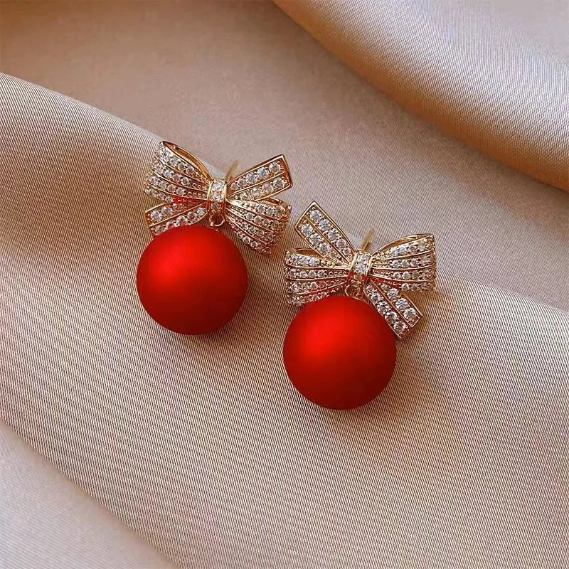 the SWEETHEART -  Ball Crystal Drop Earrings Elegant Pearl Bow Knot Stud Earrings Girl Christmas Jewelry Xmas Party Gift