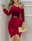 the BETHANY - Elegant Diagonal Collar Slim Sexy Off Shoulder Velvet Long Sleeve Party Dress