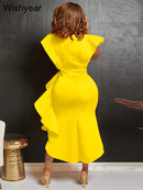 the SUNDAY BEST - Sexy Flare Short Sleeve High Side Split Ruffles Bodycon Midi Dress, Elegant Women Autumn Evening Wedding Party/Birthday Dress