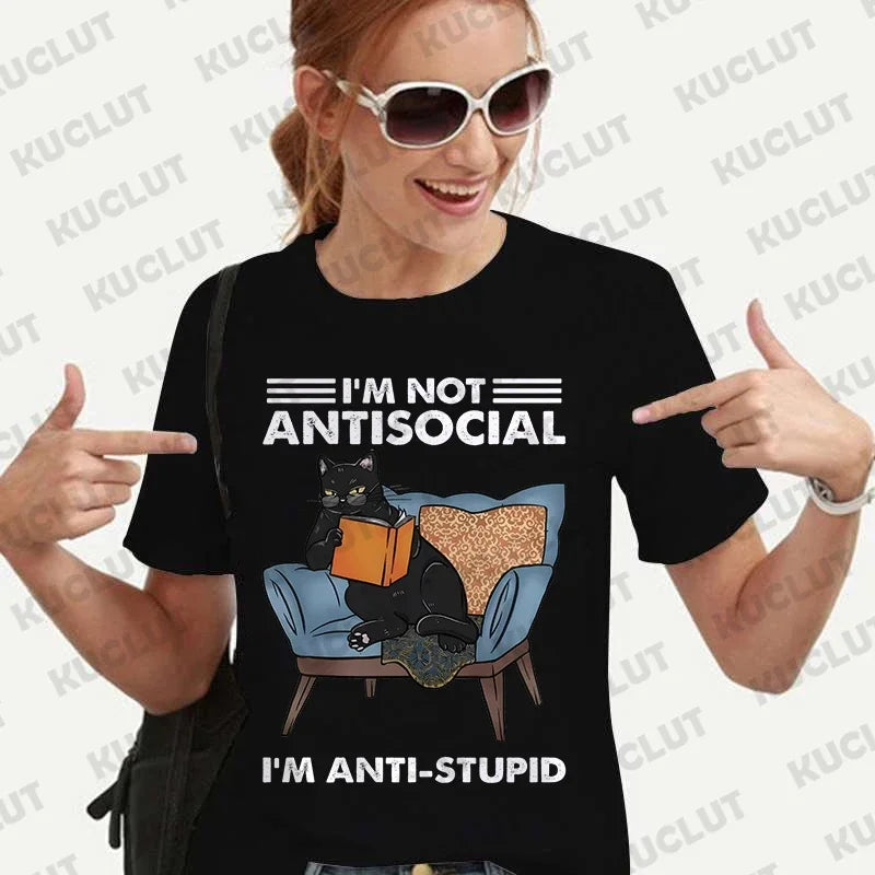 the ANTI-SOCIAL - Funny Cat Reading Book T-Shirt for Women