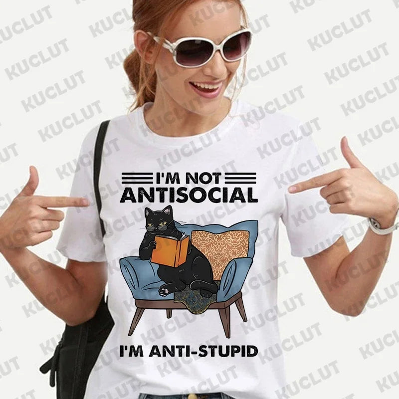 the ANTI-SOCIAL - Funny Cat Reading Book T-Shirt for Women