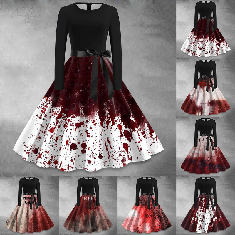 the MASQUERADE MASSACRE COLLECTION - Ladies' Halloween Bloody Print Casual Party Sexy Long Sleeves Short Dress Lace Formal Dress plus Size Women Cosplay Dress