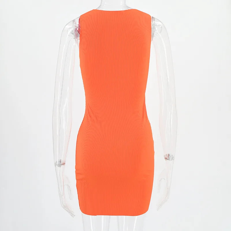 the HEIDI - Sexy Slim Wrap Hip Solid Patchwork O-Neck Sleeveless Mini Dress