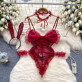 the SECRET SANTA - Christmas Red Top Sexy Patchwork Bodysuit Cosplay Erotic Lingerie Winter Strap Pajamas Nightwear