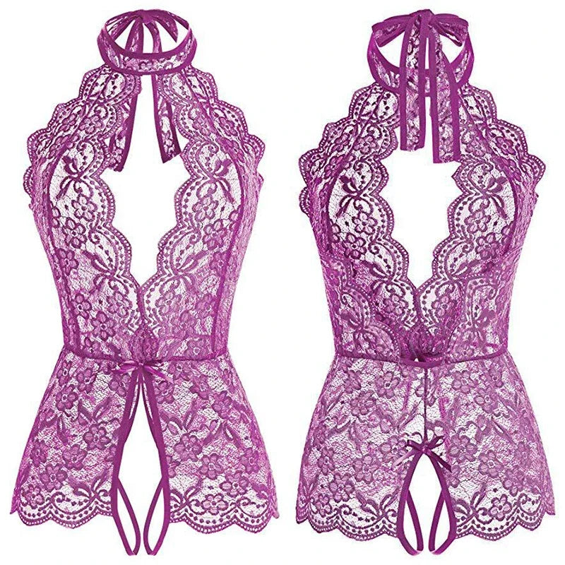 the BACKDOOR - Sexy Lingerie Lace See Through Teddy Bodysuit Fantasy Nightwear Open Crotch Babydoll Underwear