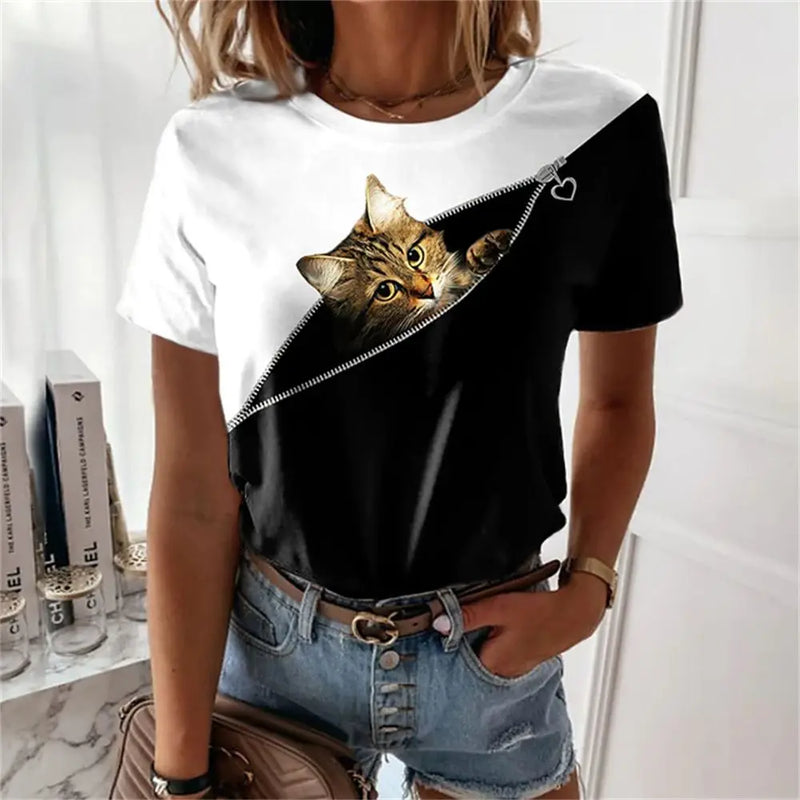 Cute Cat Print Crew Neck T-Shirt Casual Short Sleeve T-Shirt For Spring&Summer Women's Clothing Fashion Trend Pullover Tops