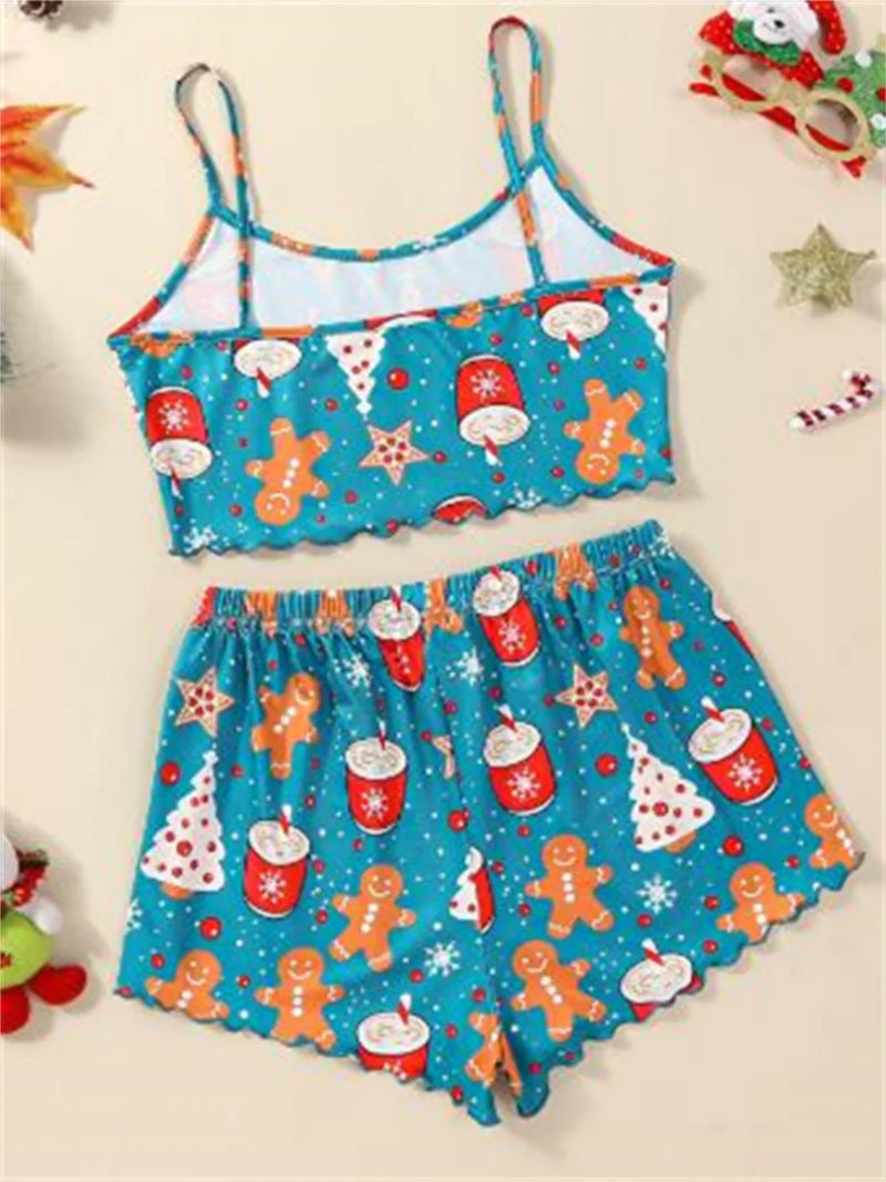 the MILK AND COOKIES - Women's 2 Piece Pajama Set Sleeveless Christmas Elements Print Cami Tops Casual Shorts Sleepwear Sets