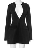 the MORGAN - Elegant Deep V-Neck A-Line Blazer Dress Long Sleeve High Waist Tunic Short Evening Party Dress