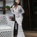 the LACE LUNCH DATE - Lace Transparent Sexy Hollow Out Maxi Dress, Elegant Outfits Women Flare Sleeve V-Neck Party/Club Dresses