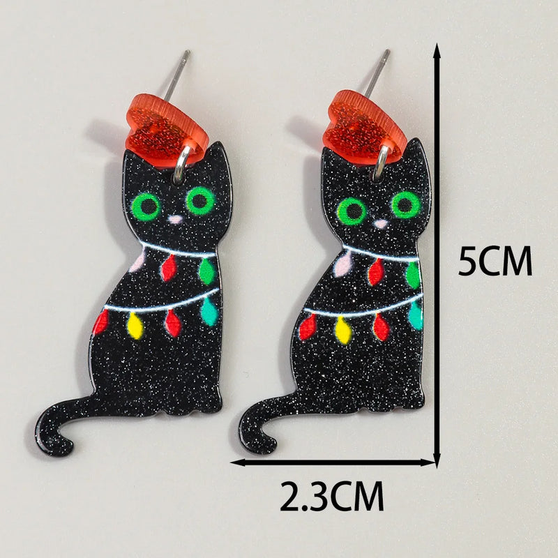 the BLACK CAT COLLECTION - Christmas Hat Black Cat Acrylic Earrings Pendant Cute Xmas Colored Lights Cats Drop Earring New Year Jewelry Gifts