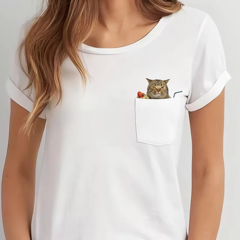 CLOOCL Funny Cats T-Shirts Cheese Hotdog Buns Coffee Printed Pocket Cotton T-shirt Summer Women Clothing Short Sleeve Shirts