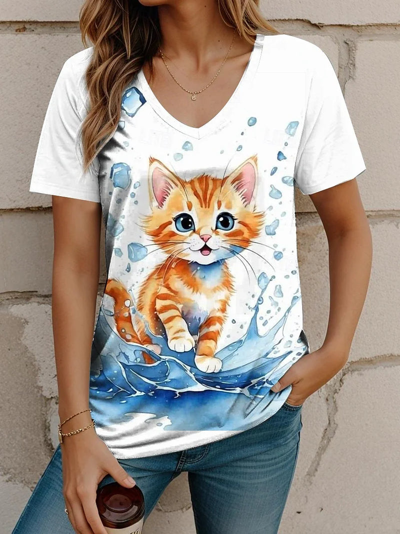 the MOON CAT - Cat Printed Short Sleeve Oversized V-Neck T-Shirts for Women