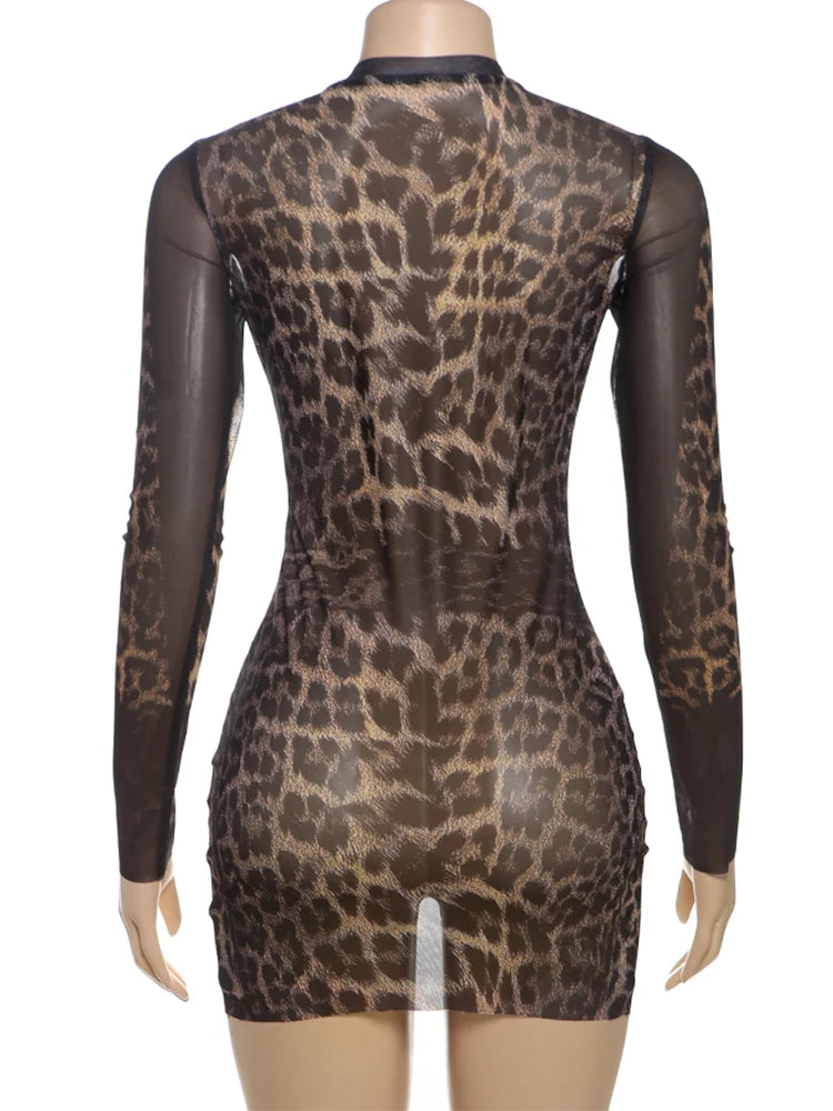 the TABITHA - Sexy See-Through Leopard Print Full Sleeve Stretch Mini Bodycon Dress