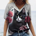 the HUNGRY CAT - Cat Print 3D Cat Print Short Sleeve V-Neck Casual T-Shirts for Women