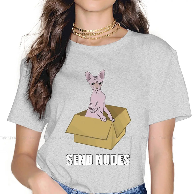 Sphynx Hairless Cat Cute TShirt for Woman Girl Send Nudes Soft Casual T Shirt Novelty Trendy Loose