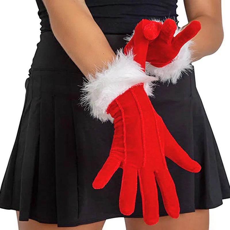 the SANTA GLOVES - 1 Pair Christmas Red Gloves Women Plush Bow Short Santa Claus Full Finger Gloves Stretch Mittens Fancy Dress Party Xmas Gloves