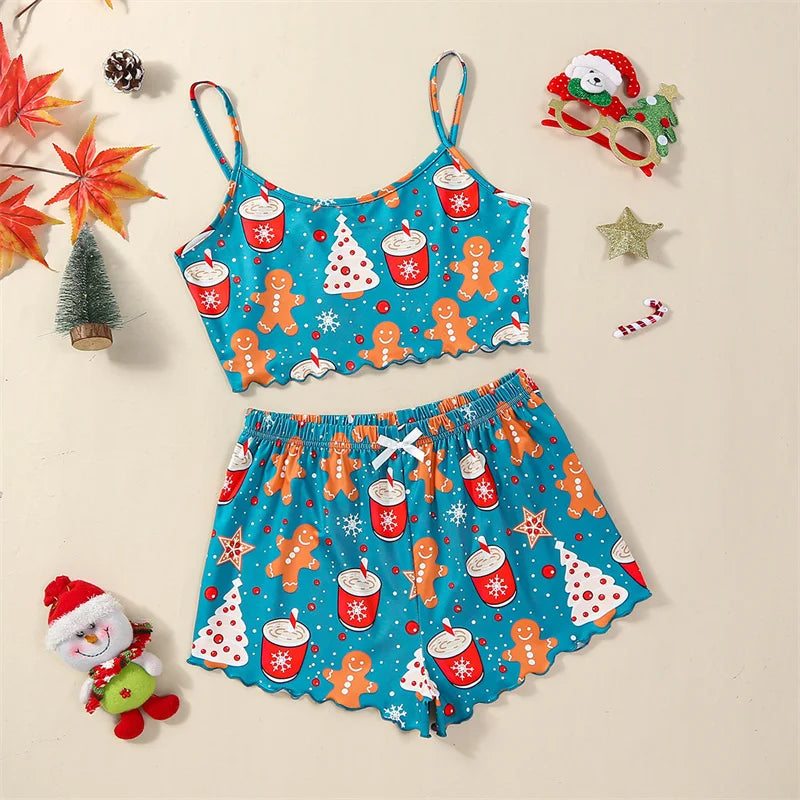 the MILK AND COOKIES - Women's 2 Piece Pajama Set Sleeveless Christmas Elements Print Cami Tops Casual Shorts Sleepwear Sets