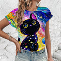 Fashionable And Comfortable Street Quirky Fun Cat Print Plus Size T-shirt For Daily Lightweight Women's O-neck Short Sleeved Top