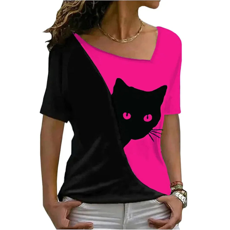 Summer Kitten Cat 3D Print T-Shirts Women Irregular V-Neck Short Sleeve T Shirt Harajuku Tees Oversized Y2k Tops Female Clothing