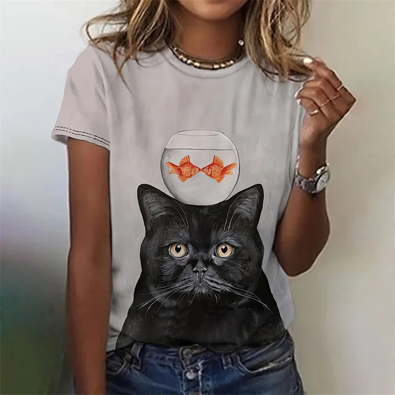 Funny Cat Pattern T-Shirt For Women Cute Pet Animal 3D Printed T Shirts Summer Fashion Tees Short Sleeves O-Neck Tops Streetwear