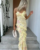 the PRETTY N PINK - Women's Clothing Sleeveless Wave-Edge Sling Dress V-Neck Sexy Ruffles High Waist Colorful Dress