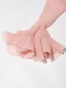 the COURTSY - Solid Spliced Button Slimming Dresses for Women, O-Neck Long Sleeve High Waist Patchwork Ruffles Dress