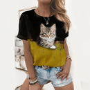the TAG-ALONG CAT - Cute Cat Print Crew Neck Casual Short Sleeve T-Shirt for Women