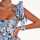 the BLUE IRIS - Women Fashion Floral Print Hem Maxi Dress, Spring Square Collar Lace-Up Sling Long Dress, Summer Backless Hollow Boho Dress