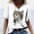 Fashion Woman Blouses 2023 T-Shirt Women's 3d Cats Print Black Kawaii T Shirt Female Clothing Oversized Summer Ladies V-Neck Top