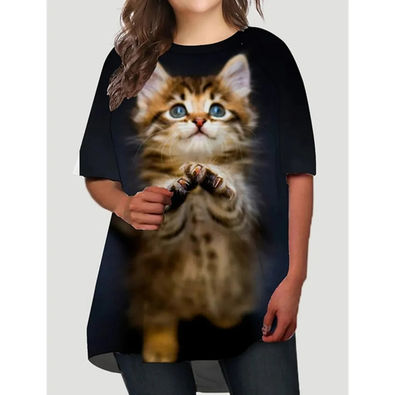 the CAT LOVER - Oversized 3D Print Cat Graphic Loose Streetwear O-Neck Short Sleeves T-Shirts for Women