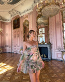 the ELEGANT ROSE - Chiffon Ruffle Dress for Women, Fashion Print Mini A-Line Holiday Party Dresses, Summer Sexy Backless Strapless Dress