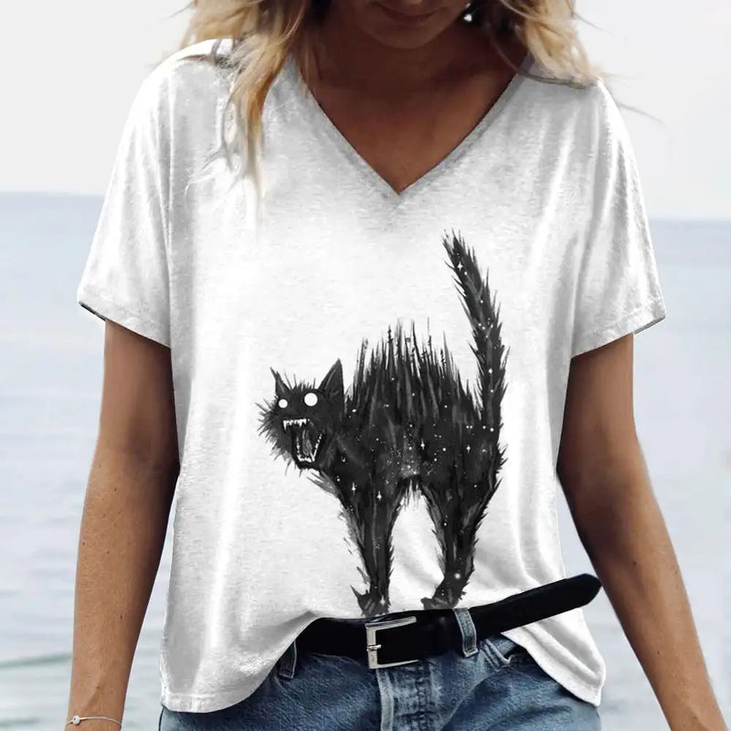 the SHADOW BLACK CAT - Cute Cat Pattern Print V-Neck Short Sleeve Fashion T-Shirts for Women