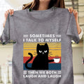 the PSYCHO CAT - Black Cat Drinking Coffee Pattern Printed Creative Cat Short-Sleeved T-Shirt