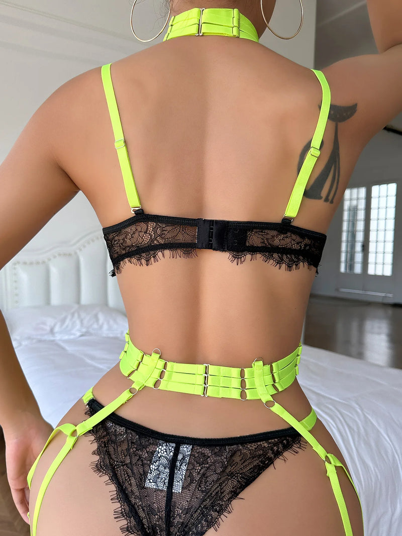 the NEON MADAME - Women's Lingerie Sexy Lingerie Multicolor Halter Neck Lingerie Erotic Intimate Fantasy Bra and Panty Set