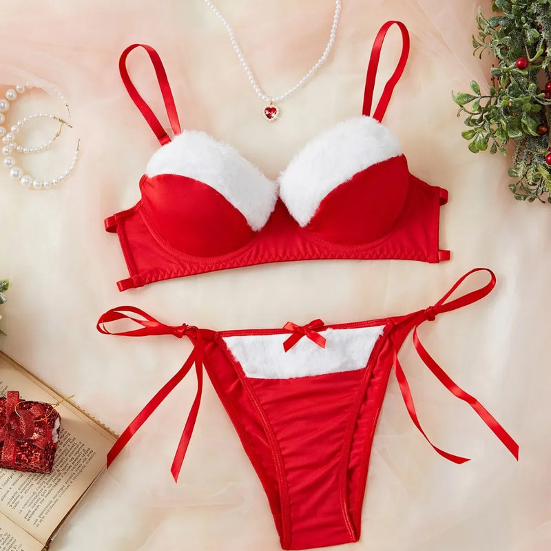 the LOVERMORE - New Year Plush Stitching Sexy Women Lingerie Christmas Roleplay Costume Erotic Underwear 2 Pieces Set Intimate Outfit