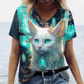 Animal Shirt For Women 3d Cat Print Summer Casual Short Sleeve V-Neck Women's T-Shirts Overszied Clothing Cute Female Tops