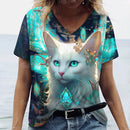 the ROYAL CAT - 3D Cat Print Casual Short Sleeve V-Neck Oversized T-Shirts for Women