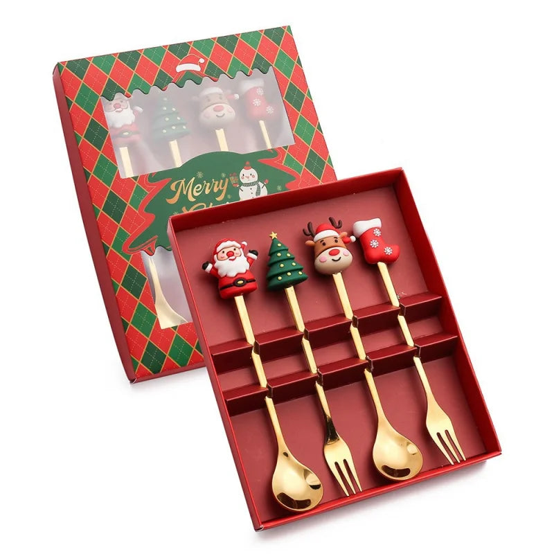 the FANCY SERVING - Christmas Gift Elk Head Christmas Tree Shape Stainless Coffee Spoon Set New Year Christmas Decoration Navidad 2025 Gifts