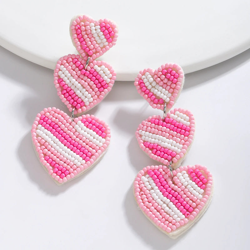 the PRETTY IN PINK COLLECTION - Pink Handmade Beaded Heart-Shaped Christmas Tree Earrings Suitable for Christmas Valentine's Day Wear