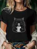 the GRUMPY COFFEE CAT - Cute Coffee Drinking Cat Short Sleeved O-Neck Casual T-Shirt for Women