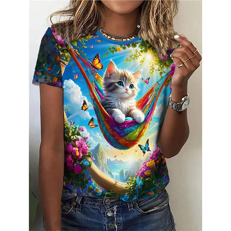 Funny Cat Pattern T Shirt For Women Cute Animal 3D Printed Short Sleeves Summer Oversized T-Shirts O-Neck Tops Tees Streetwear