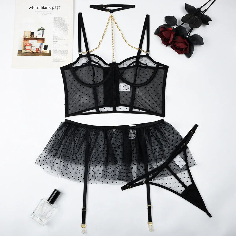 the BLACK DOT - Sensual Lingerie 3 Pieces Polka Dot Outfits Sexy See Through Metal Chain Splicing Bra Halter Mesh Sheer Skirt Exotic Lace Sets