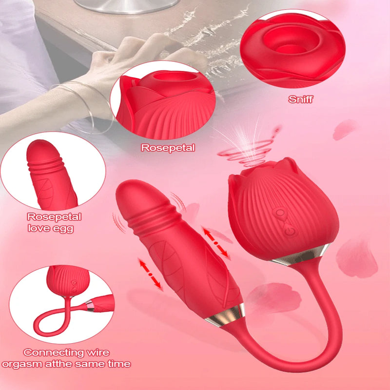 the ENCHANTED ROSE - Vibrator for Women Dildo Sex Toys Rose Sucking Thrusting Vibrating Clit Sucker Nipple Clitoris Stimulation Female for Adults 18+